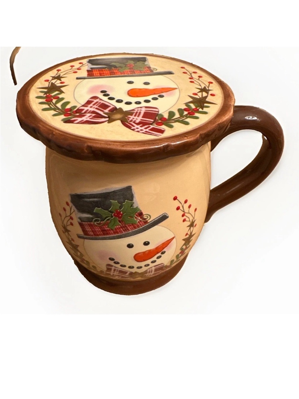Festive Snowman Ceramic Mug with Lid - Cream and Brown Christmas mug